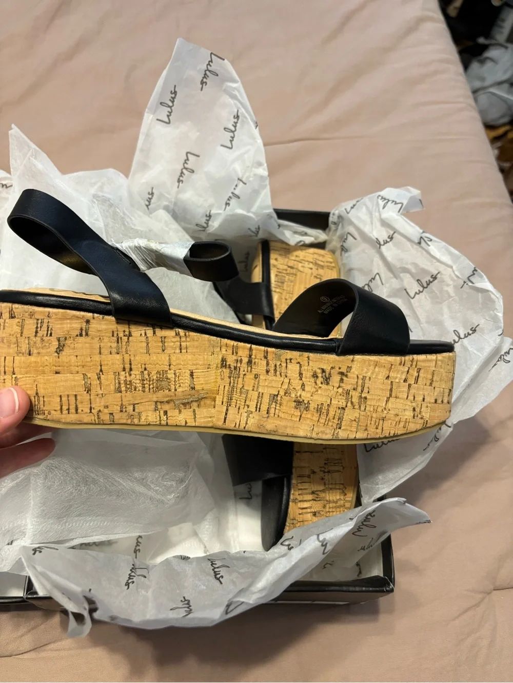 Lulu's Black Strappy Cork Platform Sandals